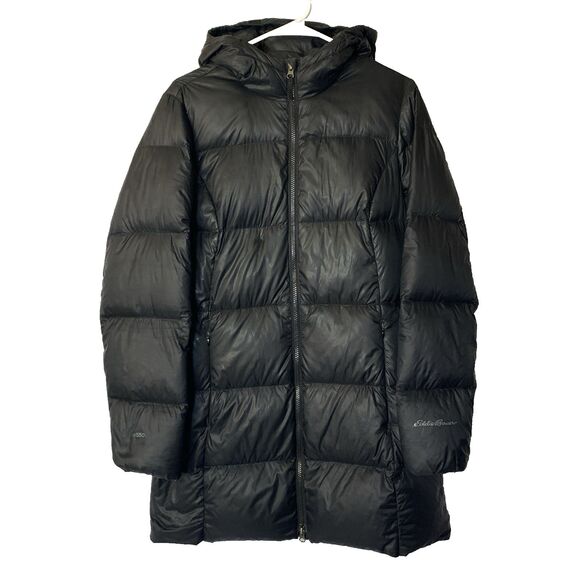 Eddie Bauer Luna Peak Down Parka Jacket Women M Black Hooded Goose Duvet EB550 - Picture 1 of 14